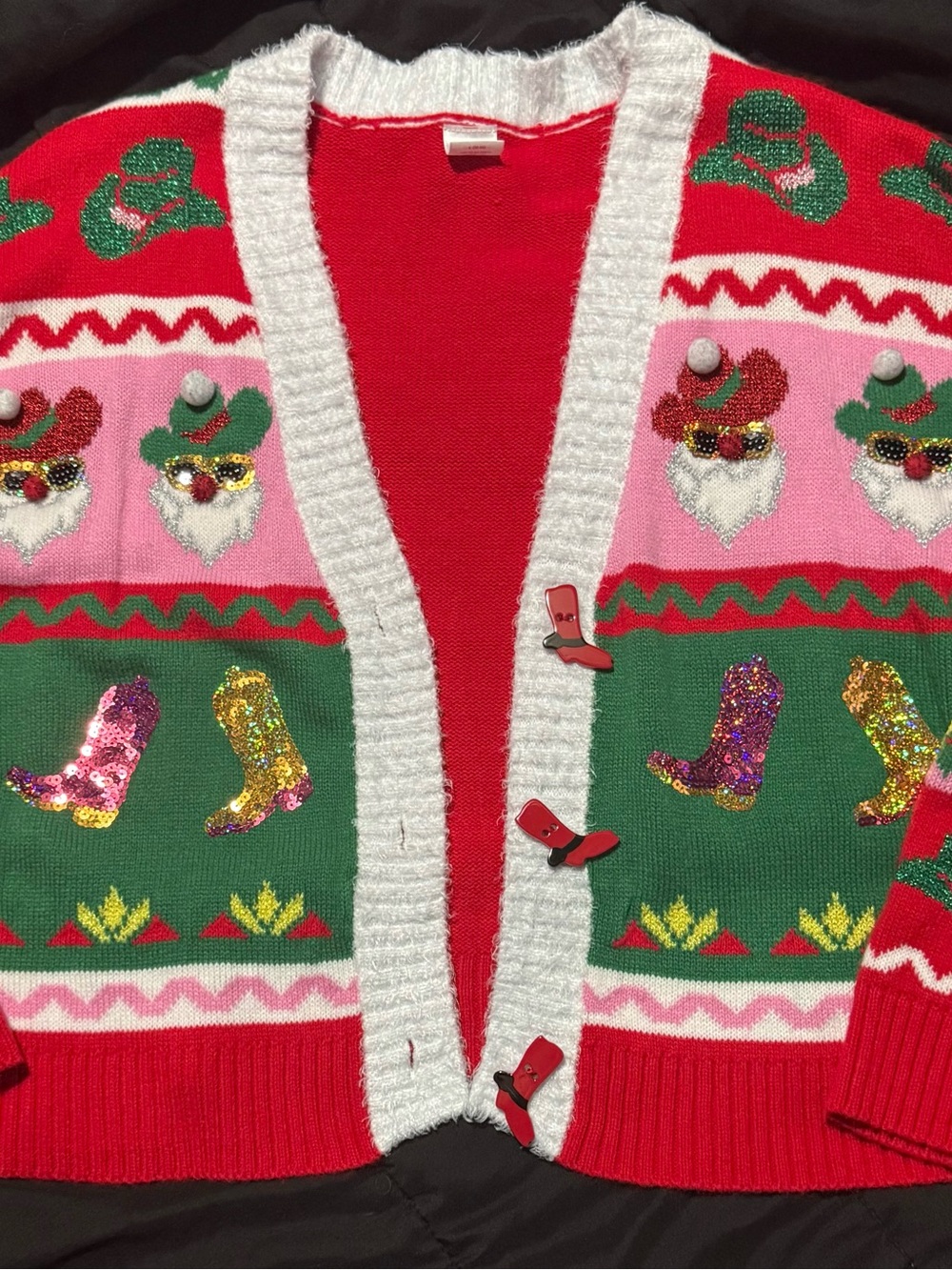 Holiday Time Western Christmas Cardigan Women L Cowboy Boots Santa Sequins Swea